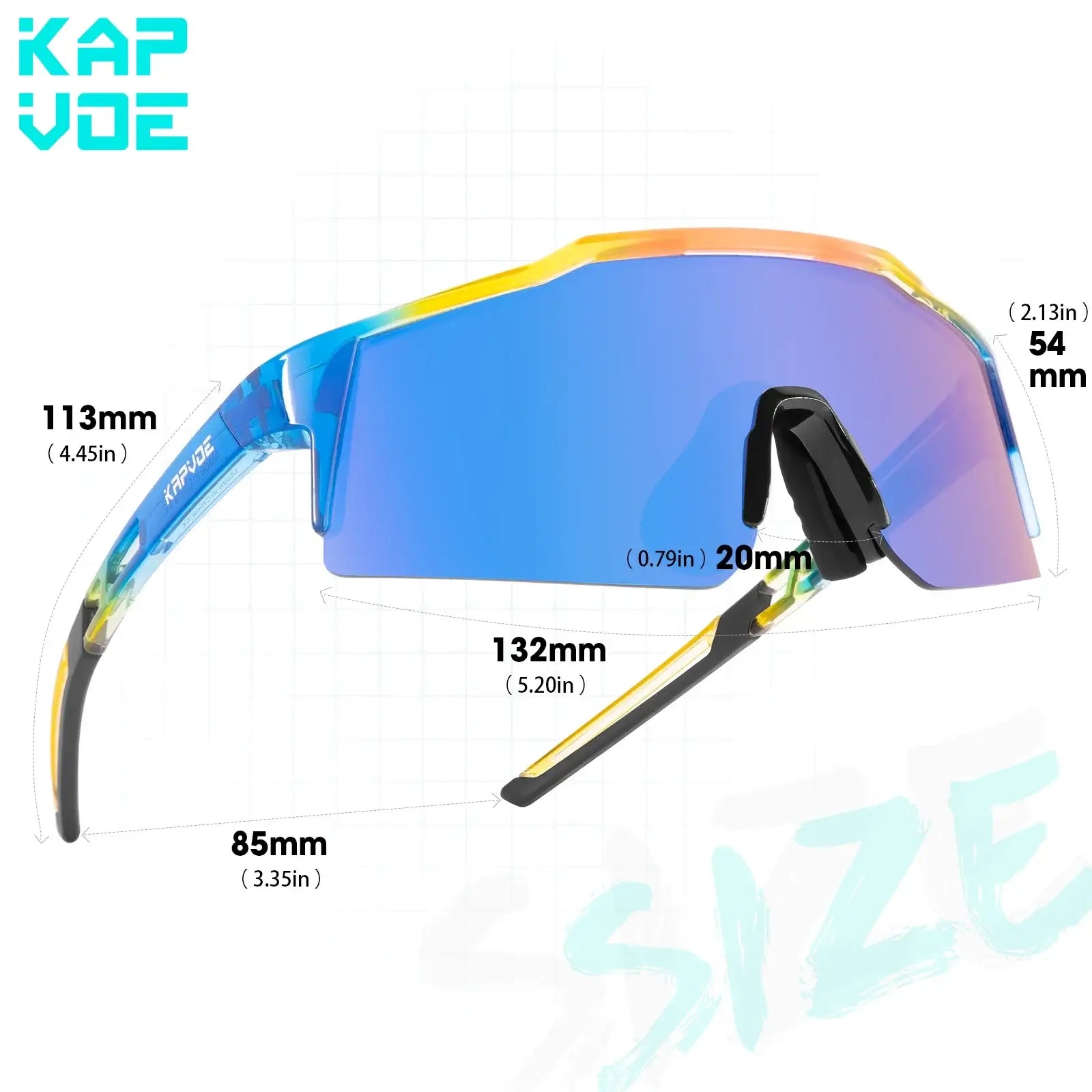 Kids polarized sports goggles with colorful frame and UV400 lens dimensions for sizing and fit. Perfect for outdoor activities.