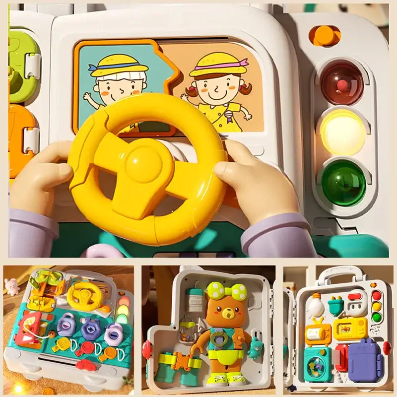 Multifunctional Montessori busy board for kids featuring colorful steering wheel and interactive elements for hands-on learning.