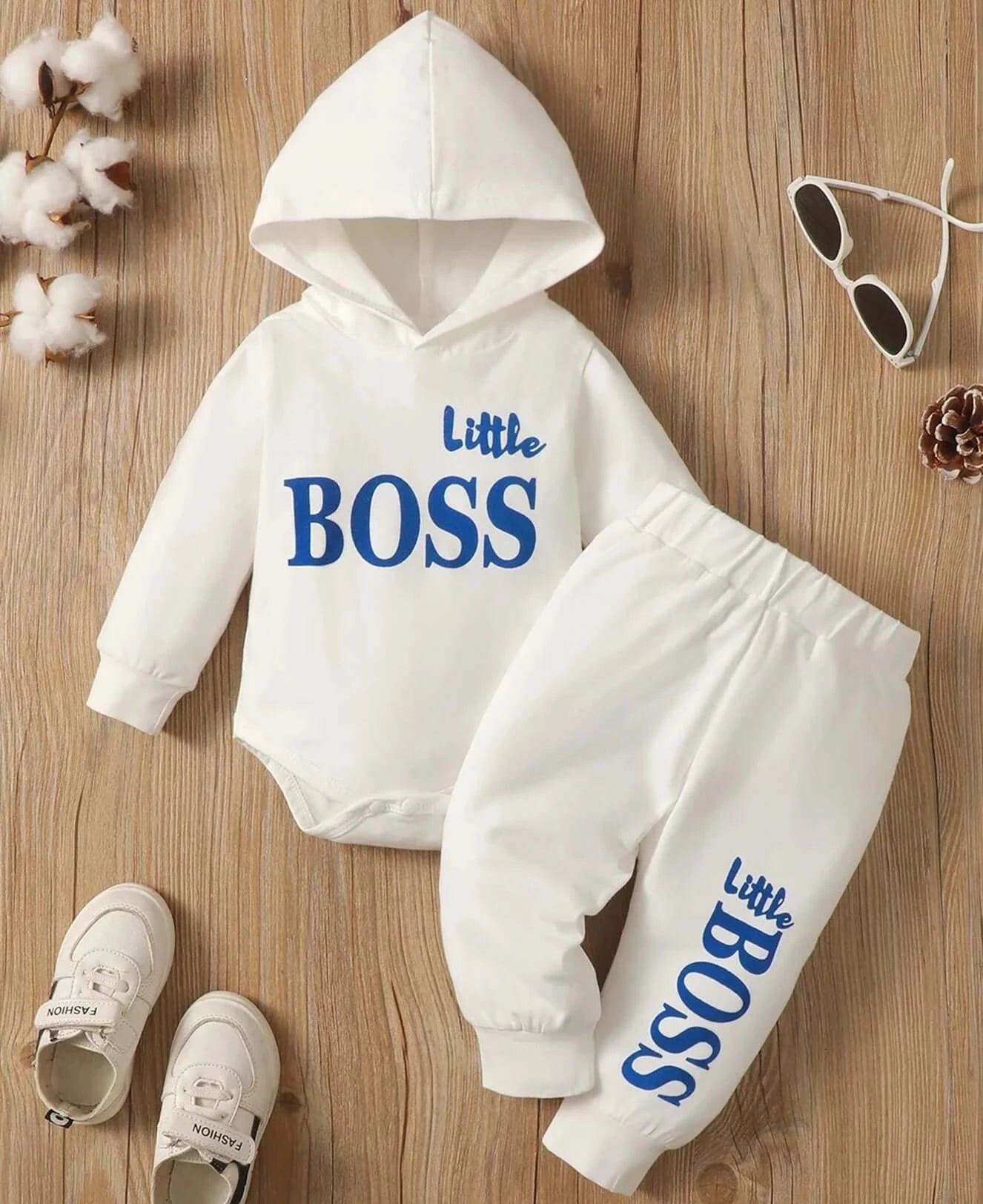 Image of Hooded Baby Boys Romper and Trouser Set - Adorable Little Boss Print, Cotton Comfort for Mild Winters. Shop now at OleOle.