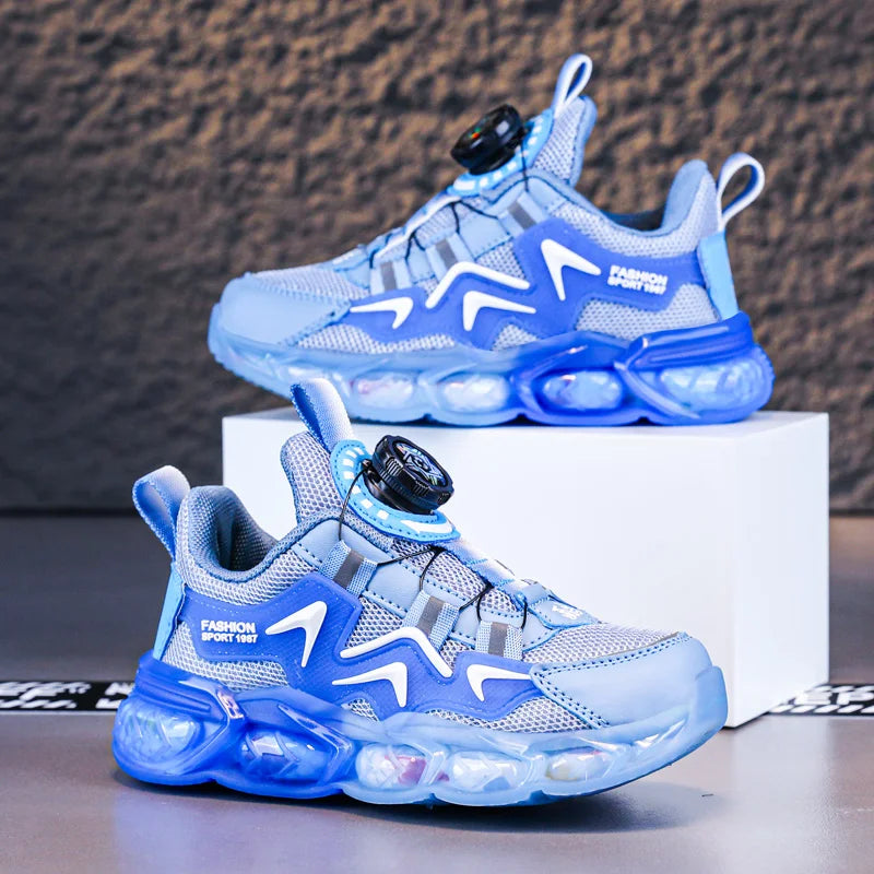 Blue and gray sneakers with white accents on a white box against a brown background
