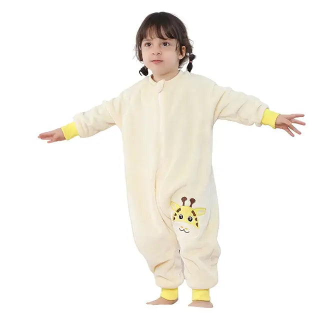 Cute child wearing a flannel giraffe-themed onesie sleepsack for cozy dreams, ideal for kids aged 1-7 years.