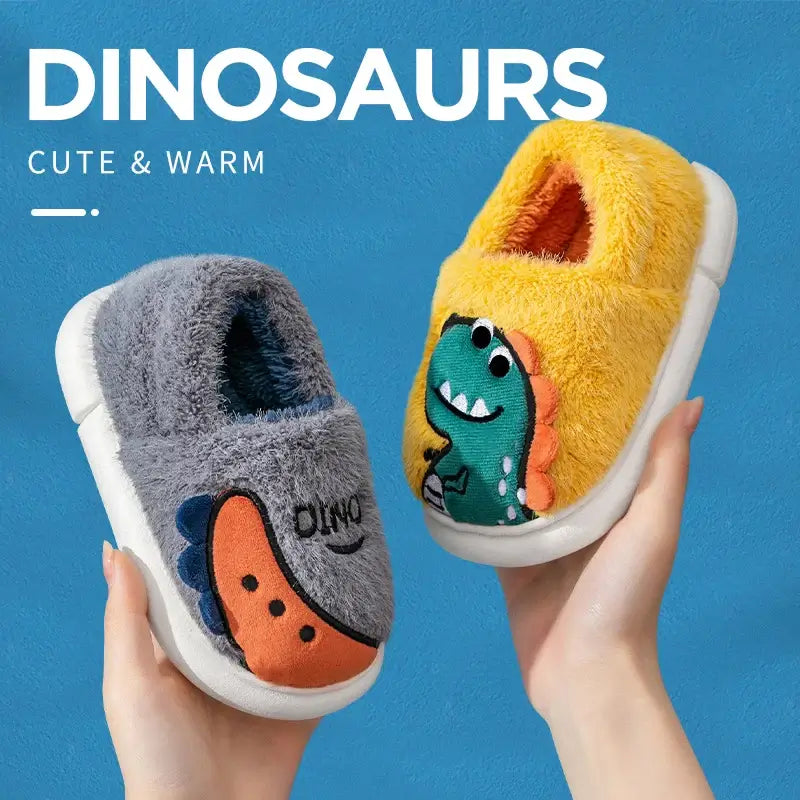 Cute Cartoon Dino Winter Plush Slippers for Kids in grey and yellow, perfect for keeping little feet warm.