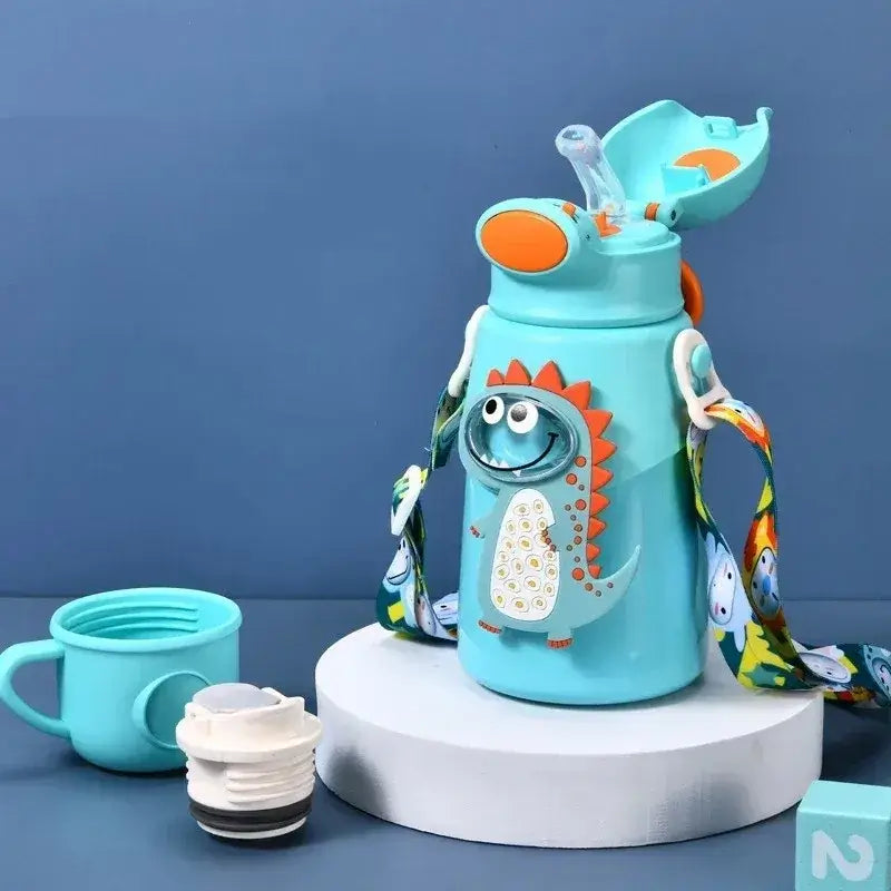 Colorful kids thermos water bottle with dinosaur design, perfect for hydration on the go.