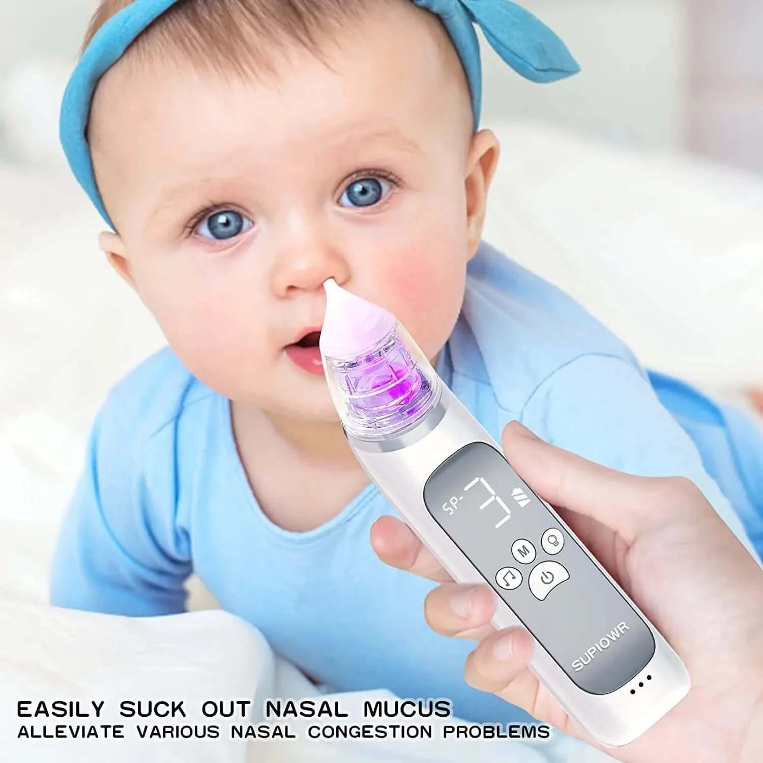Image of OleOle Nasal Aspirator with baby girl: Gentle and Effective Infant Nose Suction for Congestion Relief
