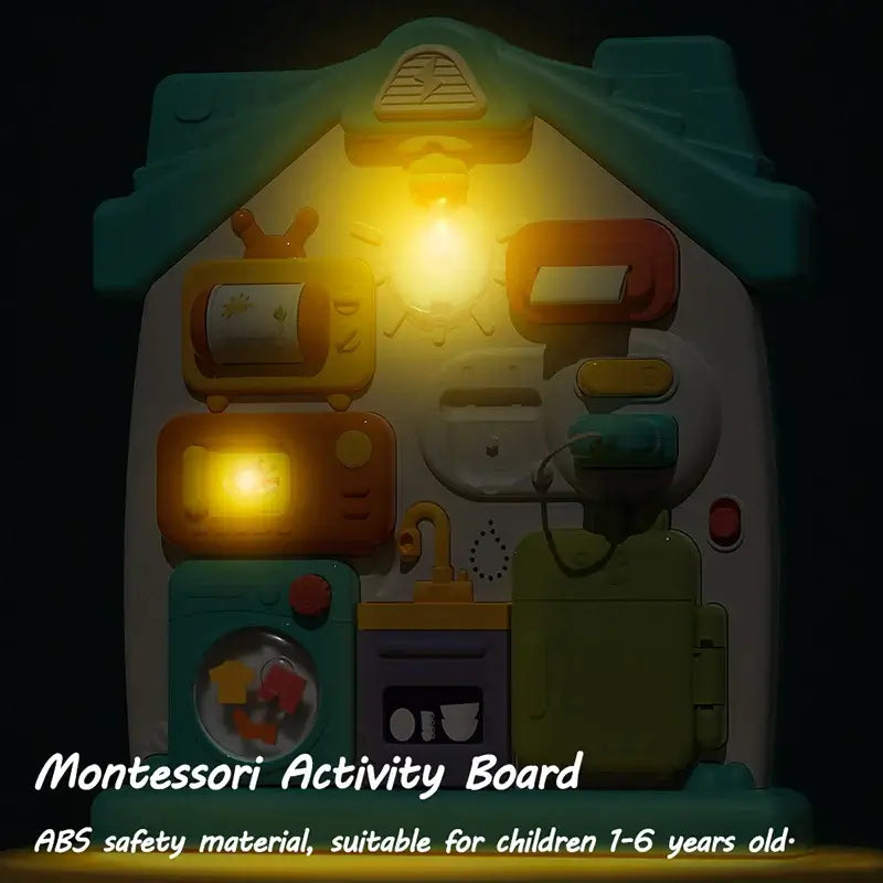 Montessori Busy Board for kids featuring interactive lights and safe ABS material, suitable for ages 1-6.