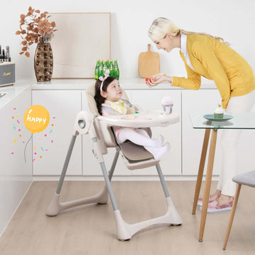 A photo of a premium leather baby high chair with a removable tray and adjustable seat and footrest. The high chair has a 5-point harness to keep the child secure.