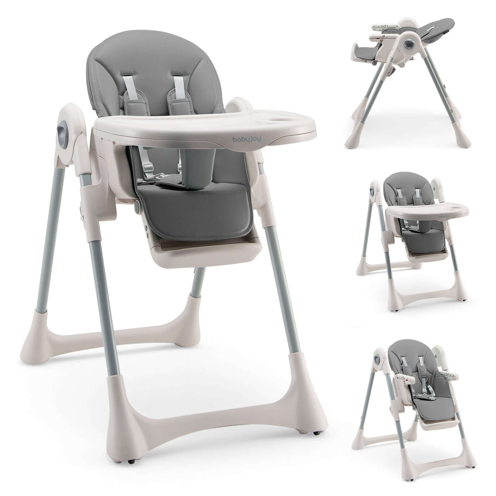 A photo of a premium leather baby high chair with a removable tray and adjustable seat and footrest. The high chair has a 5-point harness to keep the child secure.