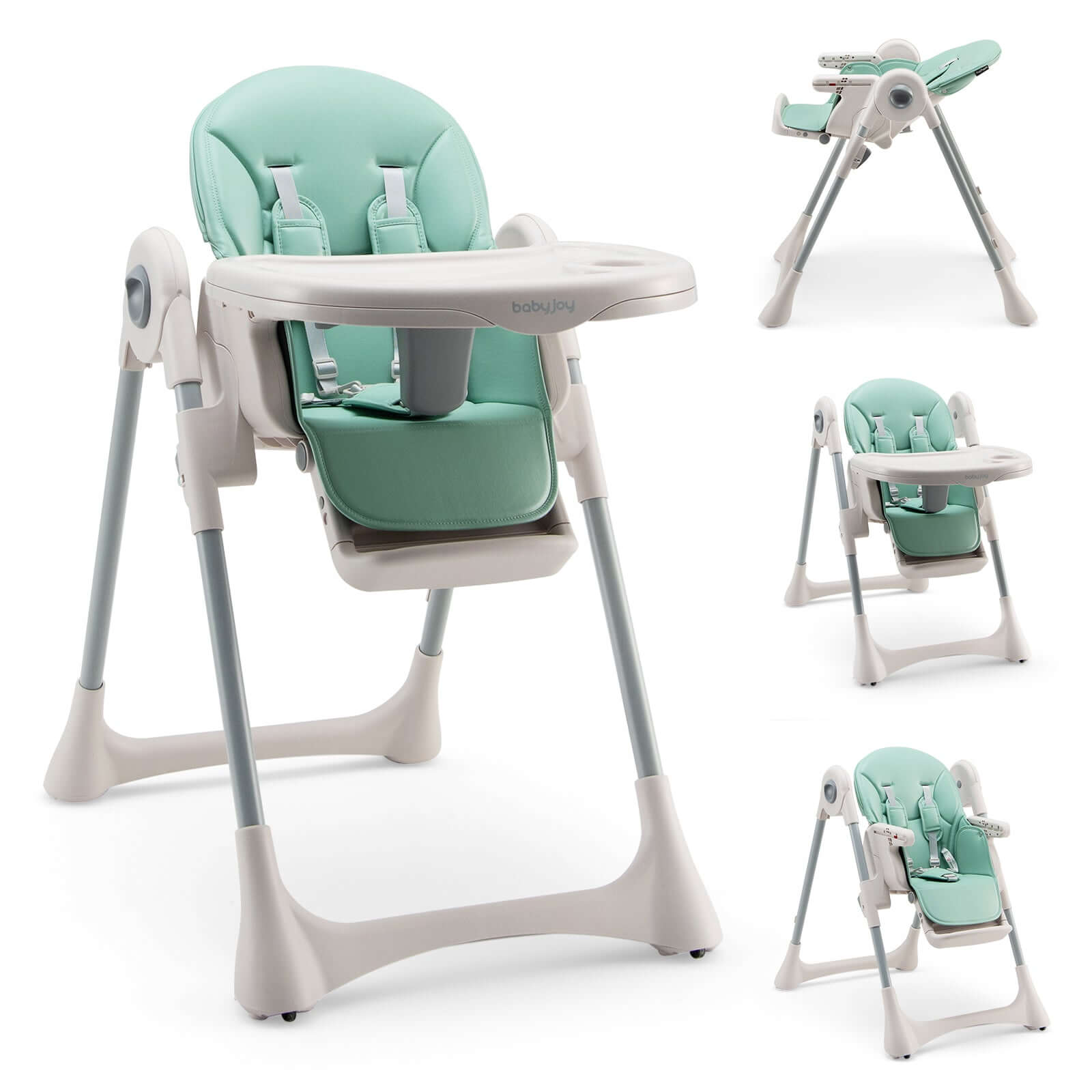 A photo of a premium leather baby high chair with a removable tray and adjustable seat and footrest. The high chair has a 5-point harness to keep the child secure.