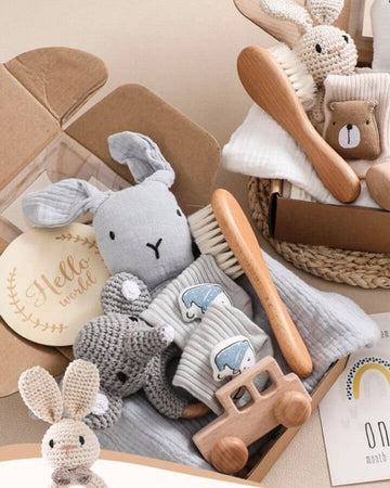 Image of baby gift box with set of items like soft bunny, brushes, socks, wooden toy is on sale at OleOle-Shop now