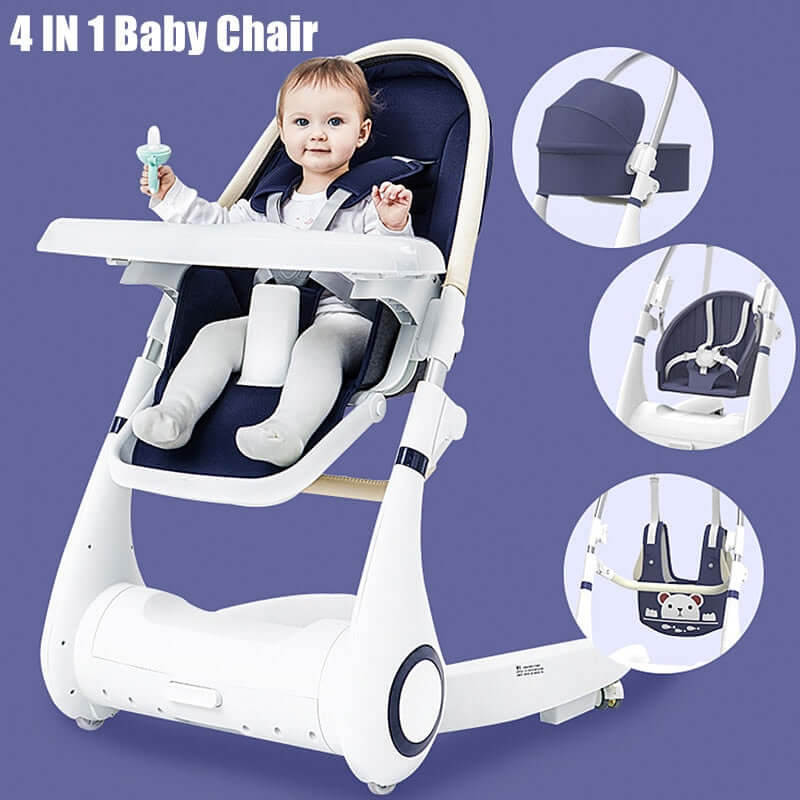 A photo of a premium leather baby high chair with a removable tray and adjustable seat and footrest. The high chair has a 5-point harness to keep the child secure.