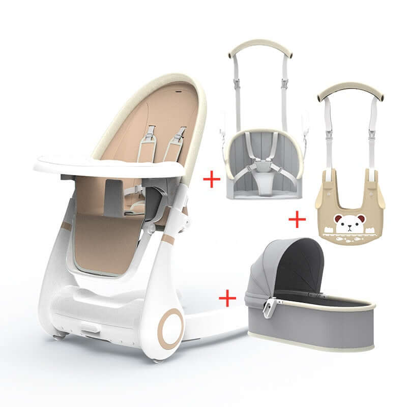 A photo of a premium leather baby high chair with a removable tray and adjustable seat and footrest. The high chair has a 5-point harness to keep the child secure.