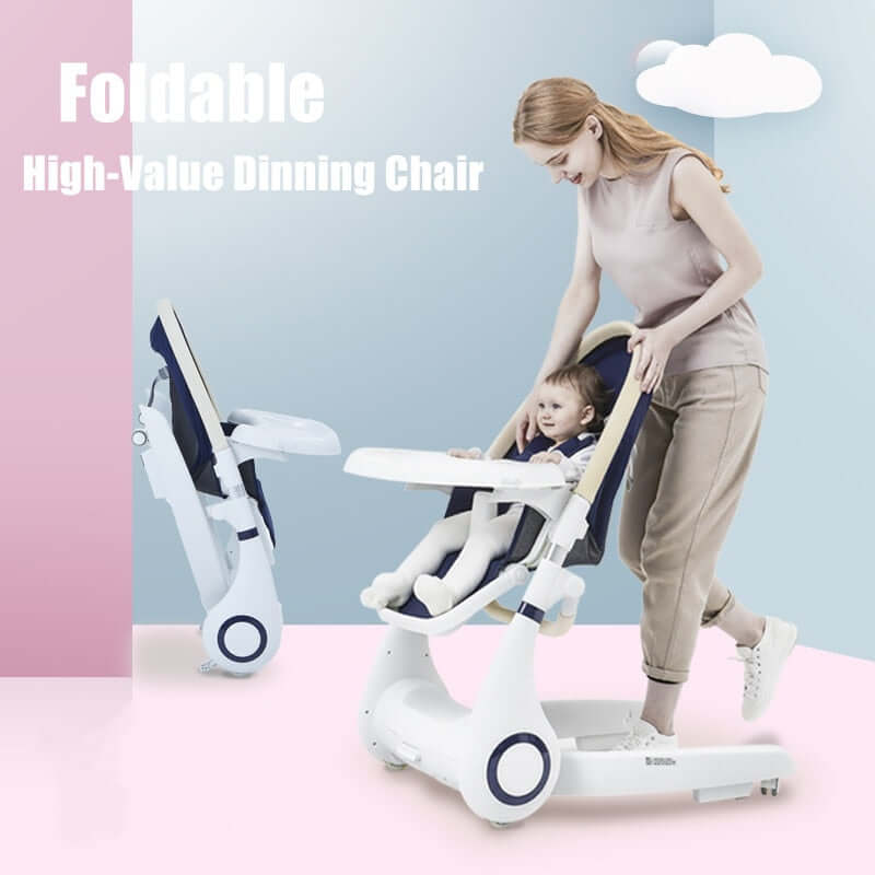 A photo of a premium leather baby high chair with a removable tray and adjustable seat and footrest. The high chair has a 5-point harness to keep the child secure.