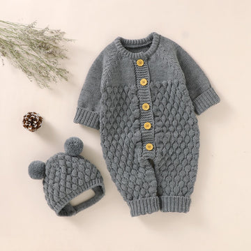 Image of Knitted Rompers: Adorable 2-piece set for newborns (6-18 months), featuring cosy caps & clothes for boys and girls. Perfect infant fashion available at OleOle.