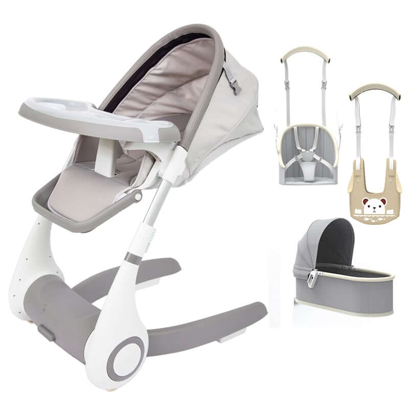 A photo of a premium leather baby high chair with a removable tray and adjustable seat and footrest. The high chair has a 5-point harness to keep the child secure.