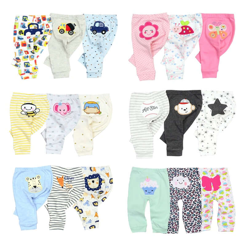 OleOle Four Seasons Baby Cartoon Pants - Set of 3 or 4 pieces suitable for infants aged 0-12 months.