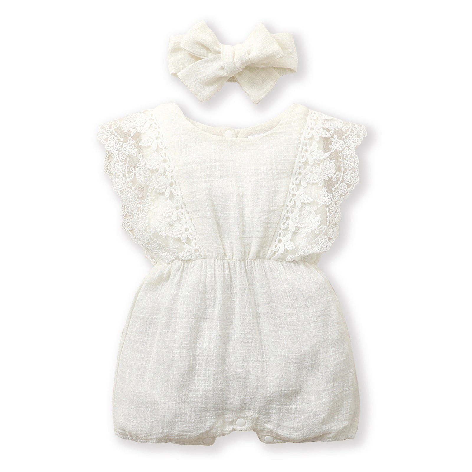 Image of Adorable linen jumpsuit for baby girls at 3-18 months with matching headbands. Perfect for sunny days. Stylish and comfy ensemble. Chic summer vibes available at OleOle.