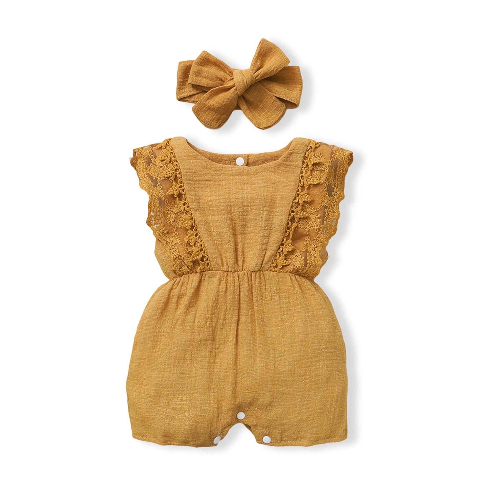 Image of Adorable linen jumpsuit for baby girls at 3-18 months with matching headbands. Perfect for sunny days. Stylish and comfy ensemble. Chic summer vibes available at OleOle.