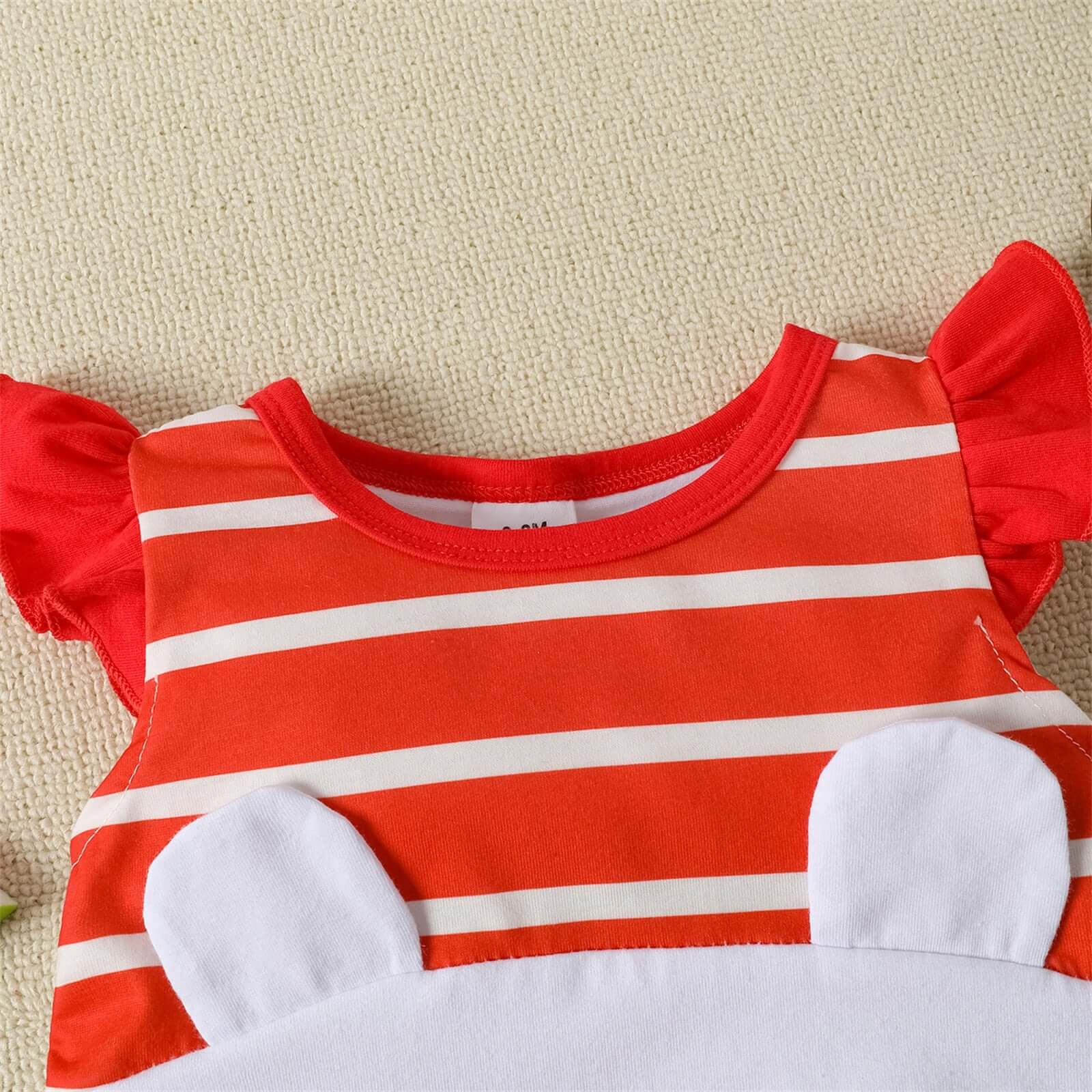 An image of a charming romper set for baby girls, featuring flutter sleeves and available in sizes from 0 to 18 months.