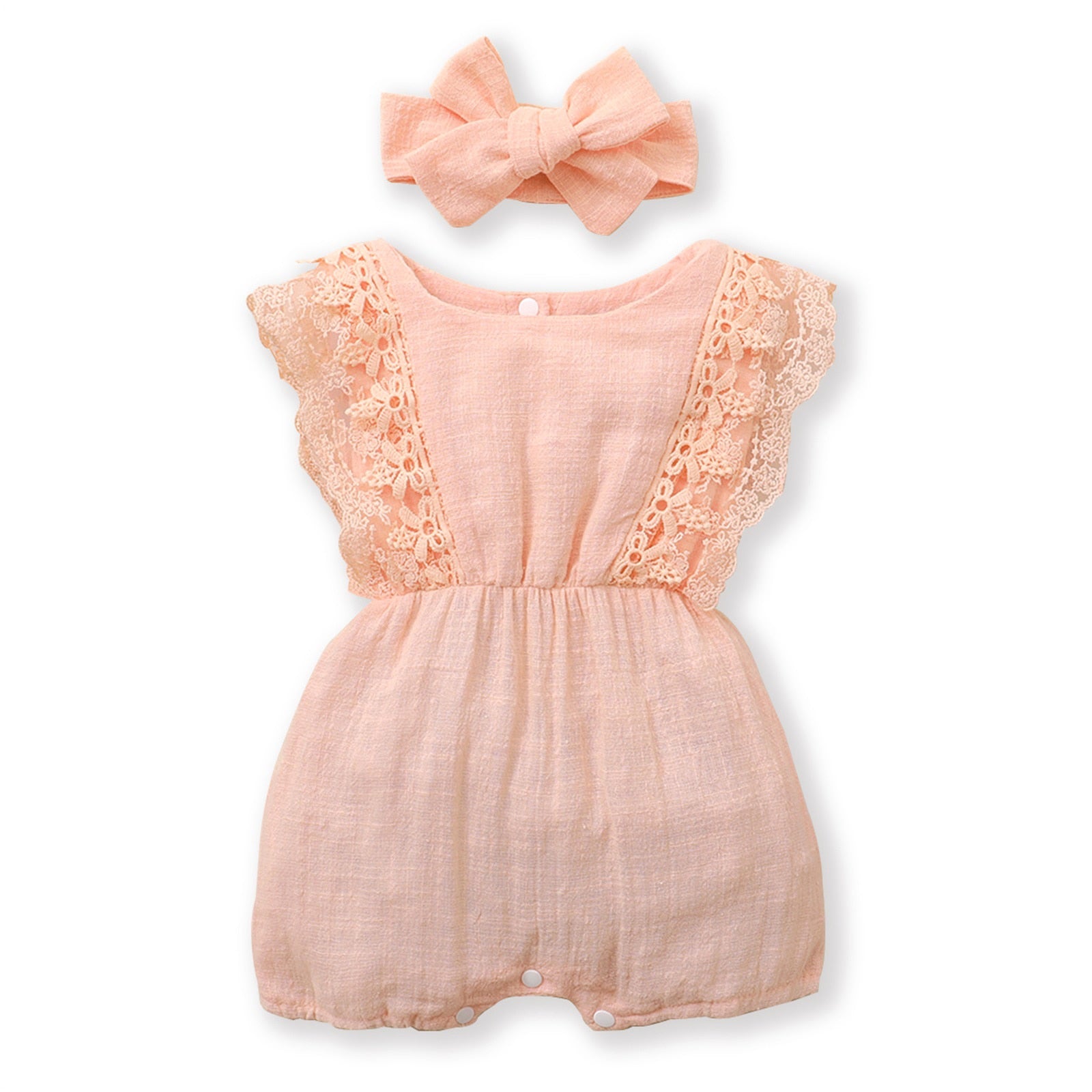 Image of Adorable linen jumpsuit for baby girls at 3-18 months with matching headbands. Perfect for sunny days. Stylish and comfy ensemble. Chic summer vibes available at OleOle.