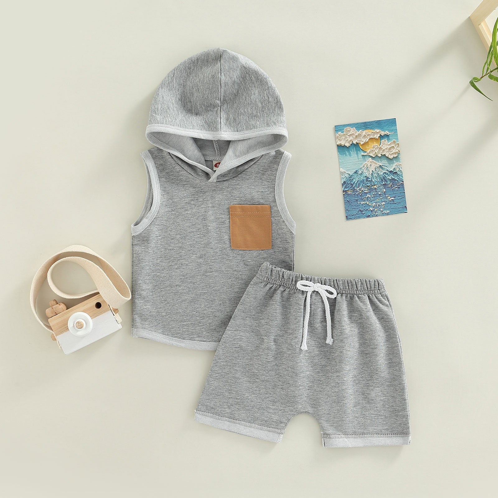 Image of Adorable Unisex Baby Sleeveless Hooded Top & Shorts Set (0-3 yrs) – Comfort and Style in Every Stitch! Shop now at OleOle.