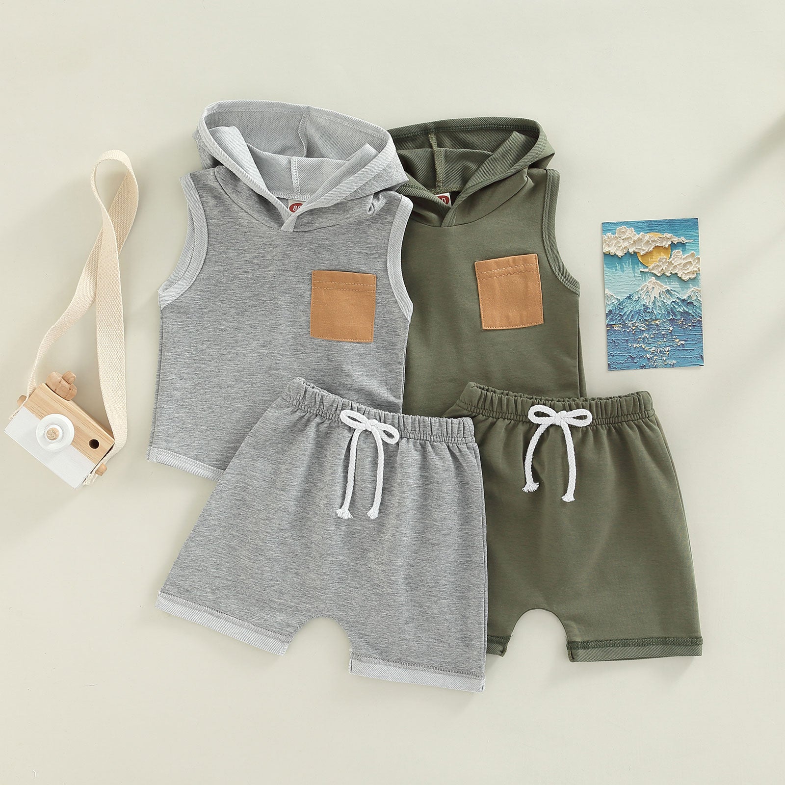 Image of Adorable Unisex Baby Sleeveless Hooded Top & Shorts Set (0-3 yrs) – Comfort and Style in Every Stitch! Shop now at OleOle.