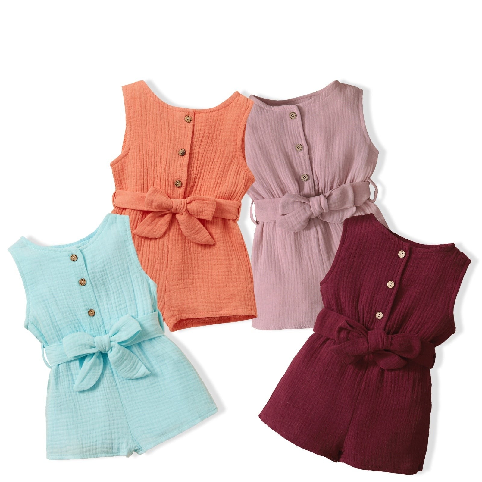 Image of Chic and comfy Premium Linen Sleeveless Romper for baby girls ages 0-18 months. Adorable style for every little fashionista. Buy now for your precious one at OleOle.